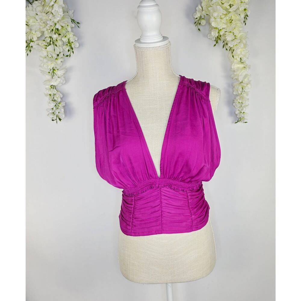 New Free People Crop Top Medium Satin Purple Ruched Tie Back Boho Y2K Festival - Picture 2 of 16